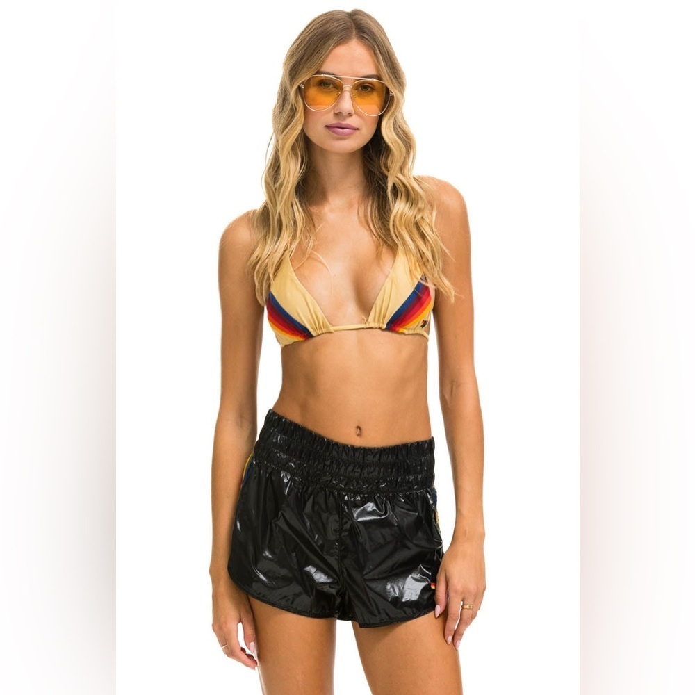AVIATOR NATION NWT HIGH RISE 5 STRIPE NYLON JOGGER SHORT in BLACK— Size L - Picture 3 of 10